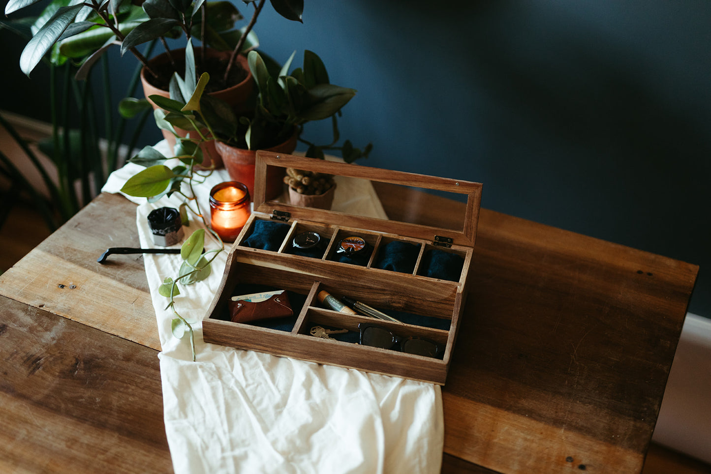 Acacia Valet Watch Box - 5 Compartment Glass Watch Box - Men's Valet - Watch Storage - Watch Organizer