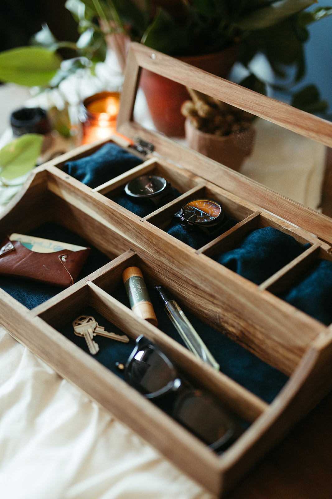 Acacia Valet Watch Box - 5 Compartment Glass Watch Box - Men's Valet - Watch Storage - Watch Organizer