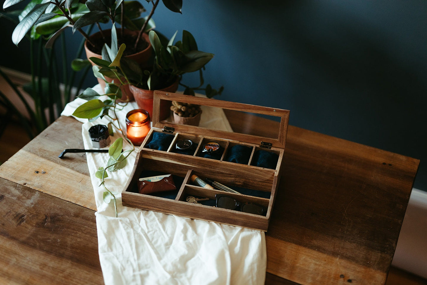 Acacia Valet Watch Box - 5 Compartment Glass Watch Box - Men's Valet - Watch Storage - Watch Organizer