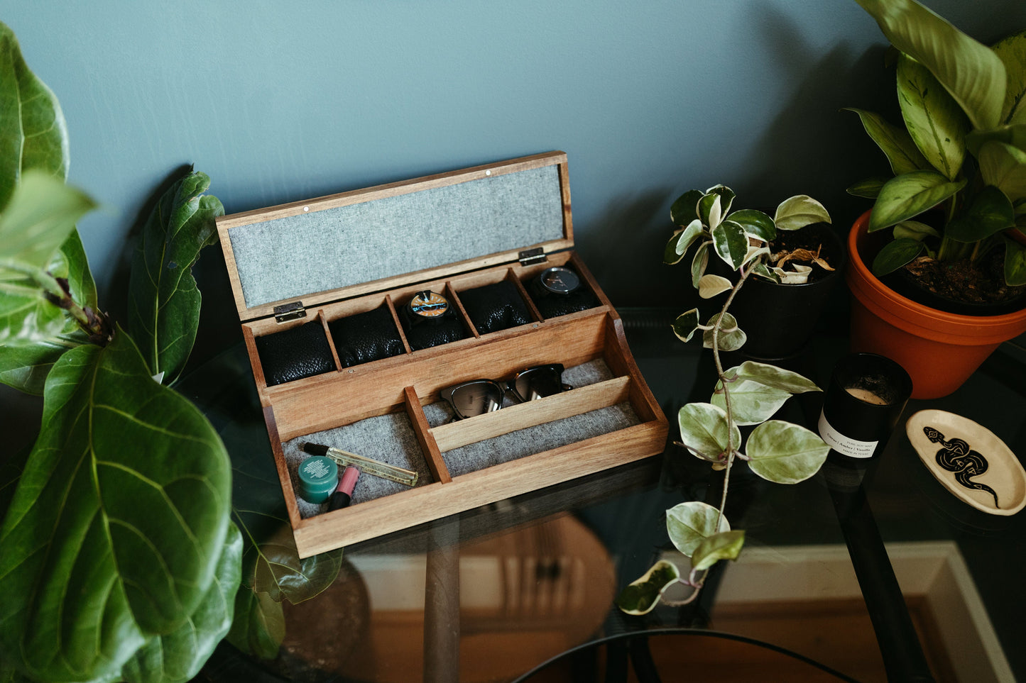 Acacia Solid Lid Valet Watch Box - 5 Compartment Watch Box - Men's Valet - Watch Storage - Watch Organizer