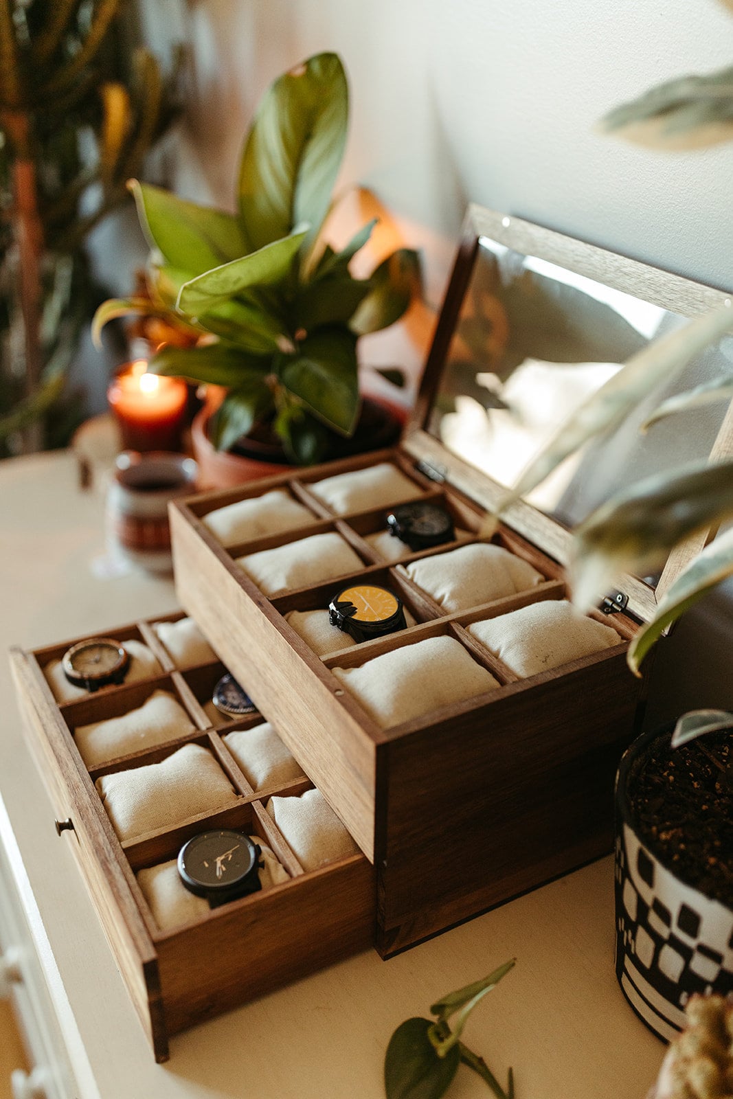 Matte Black Wood 20 Watch Box With Glass Top & Drawer | eBay